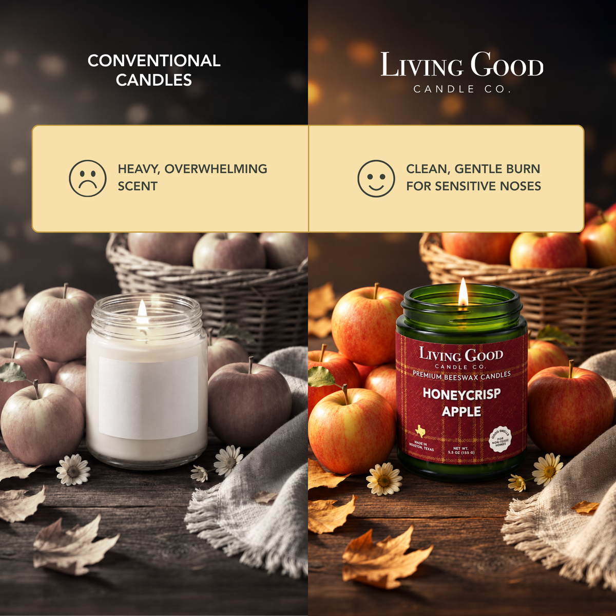 Comparison graphic showing Honeycrisp Apple beeswax candle beside a conventional candle, highlighting a gentler scent experience.