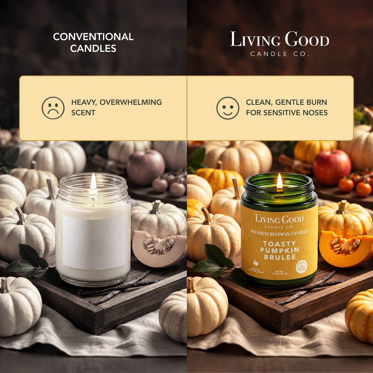Comparison graphic showing Toasty Pumpkin Brulee beeswax candle beside a conventional candle, highlighting a gentler scent experience.