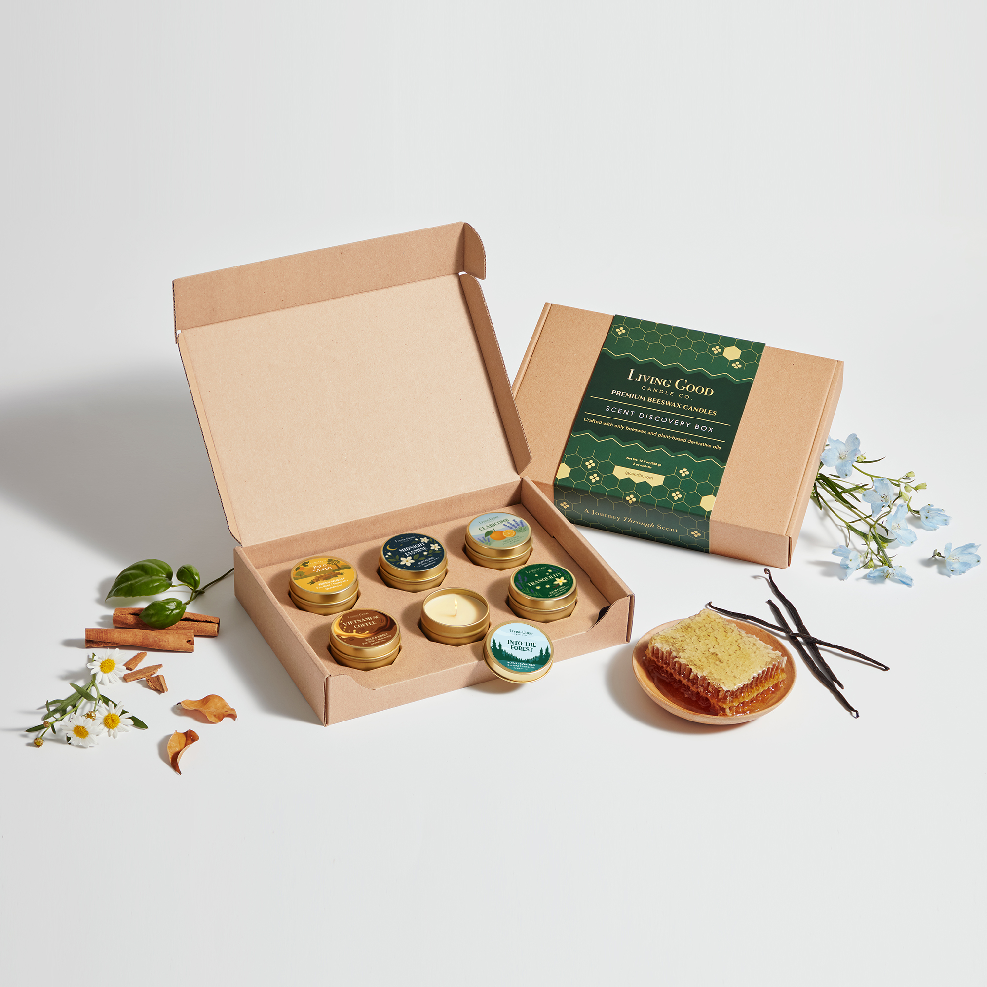 Living Good Candle Co's Scent Discovery Box. 6 beeswax candle tins of 2 oz each. A perfect way to sample the best sellers from our collection. 