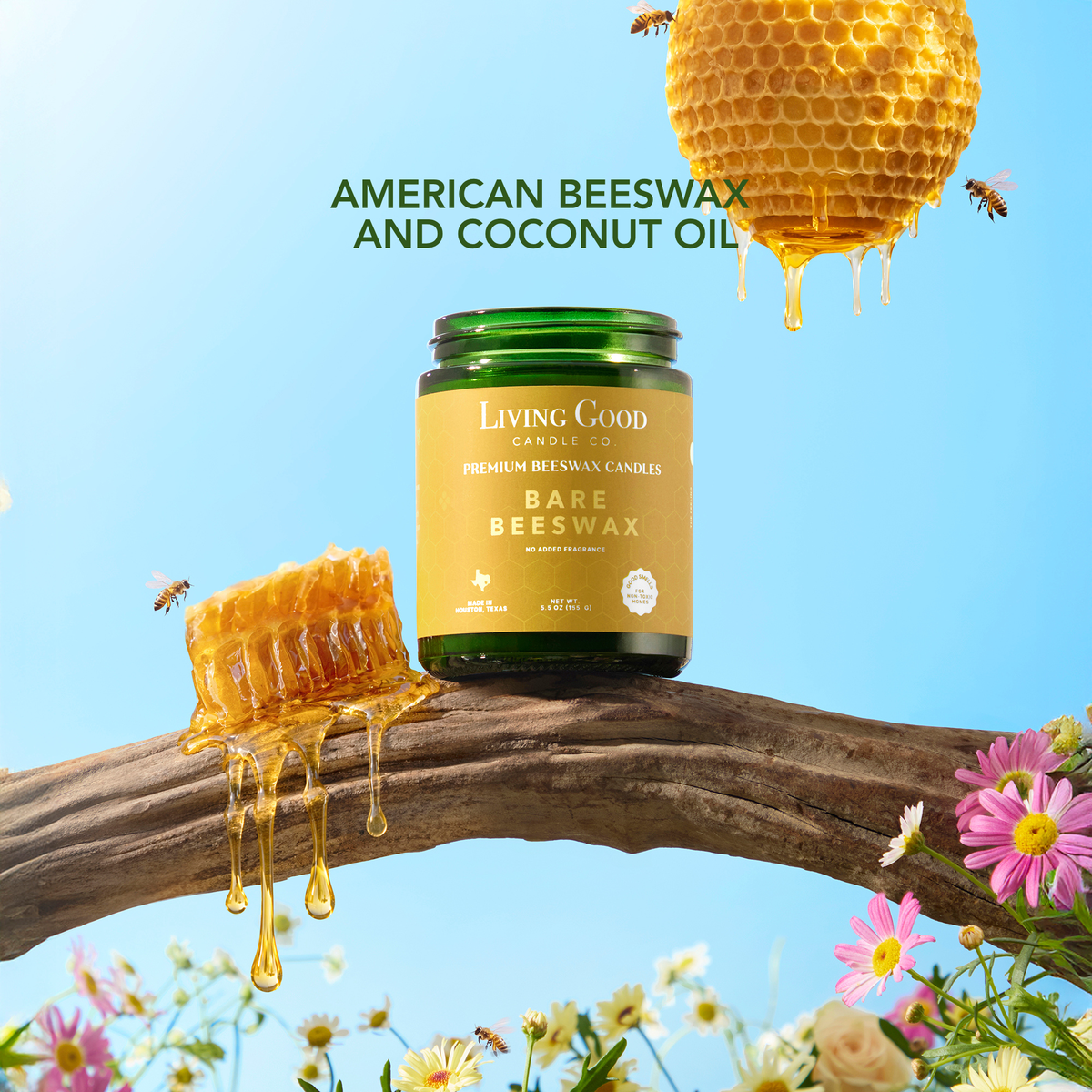 Bare Beeswax candle made with American beeswax and coconut oil displayed with honeycomb, bees, and flowers.