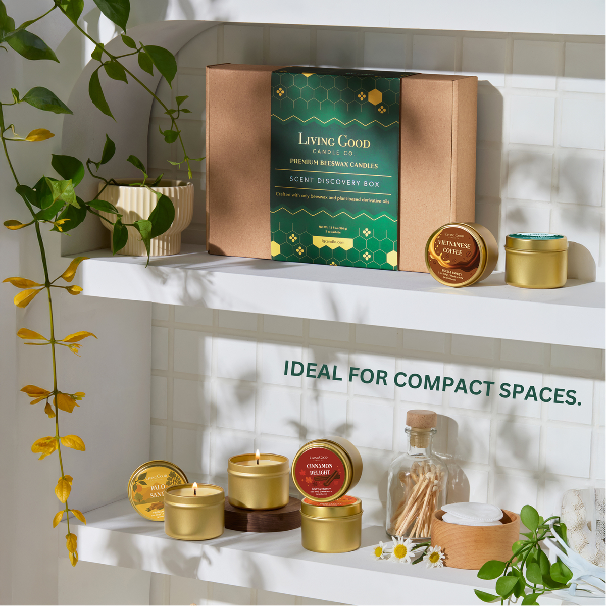 Living Good Candle Co. candle discovery box with mini beeswax candles displayed on shelves for compact spaces.