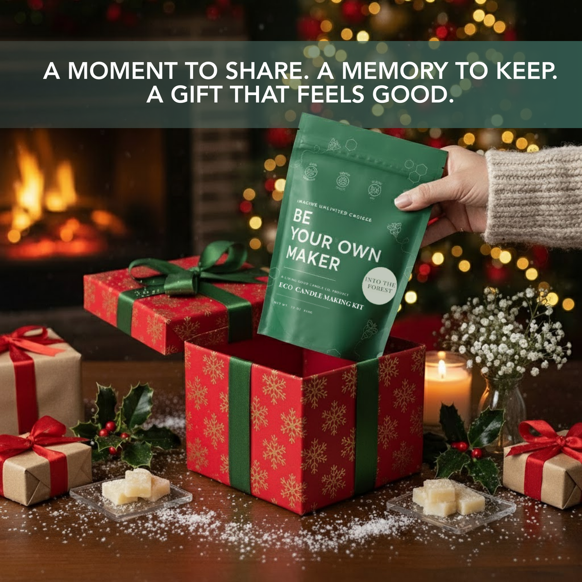 Be Your Own Maker beeswax candle making kit presented in a holiday gift box beside candles and Christmas decorations.
