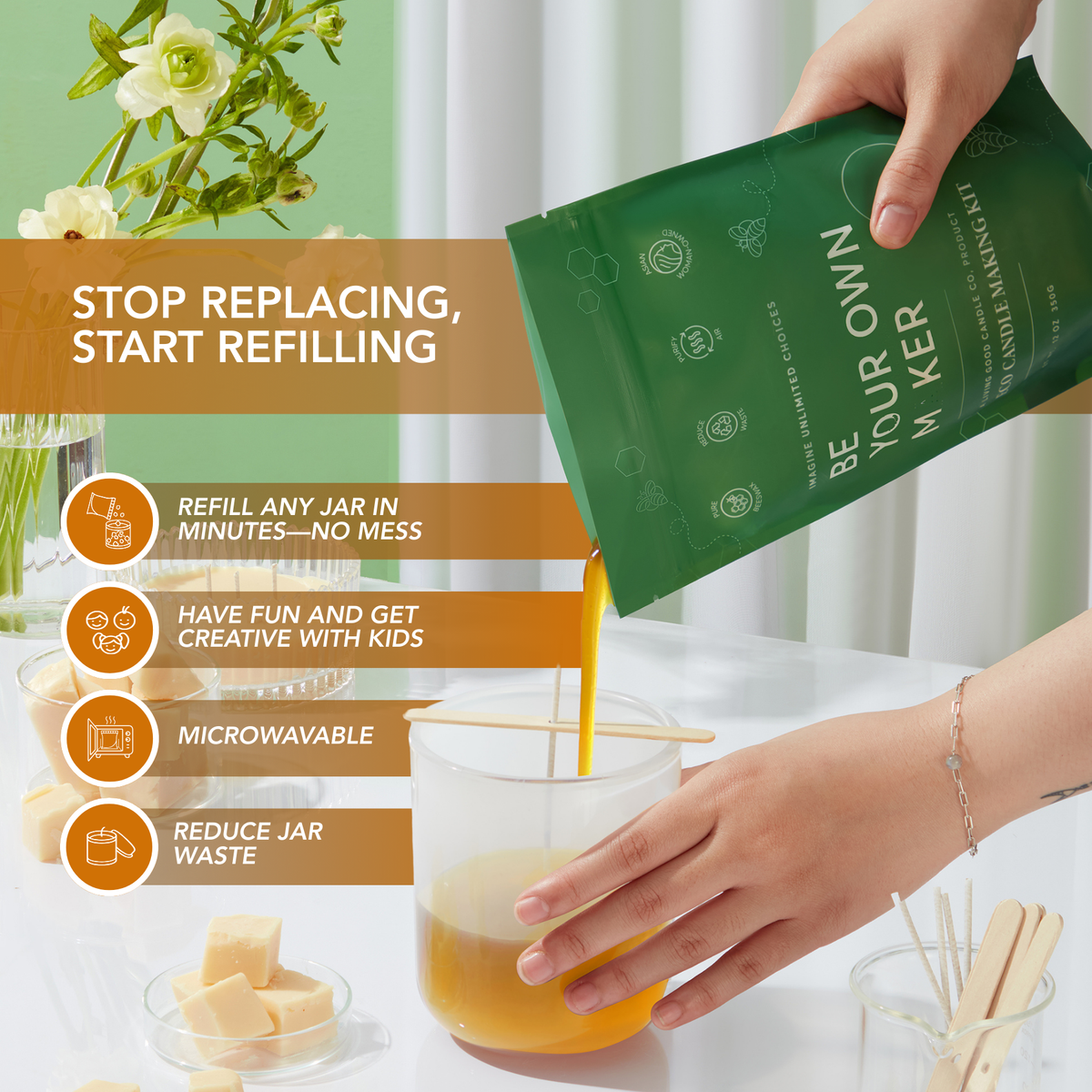 Living Good Candle Co. microwavable beeswax candle refill pouch being poured into a reusable candle jar.