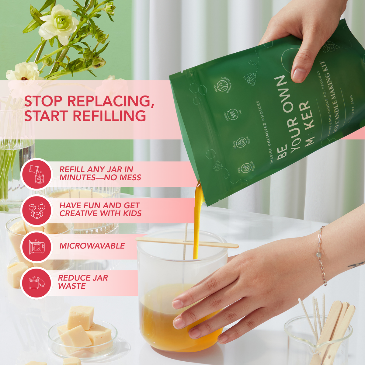 Beeswax candle refill kit being poured into a jar, showing a quick refill process with a prepared wick