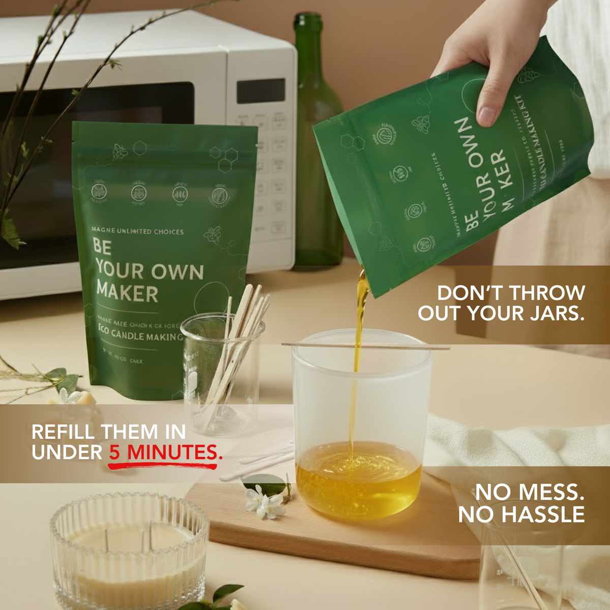 Tranquility candle refill kit being poured into a jar with text showing quick, mess-free refilling
