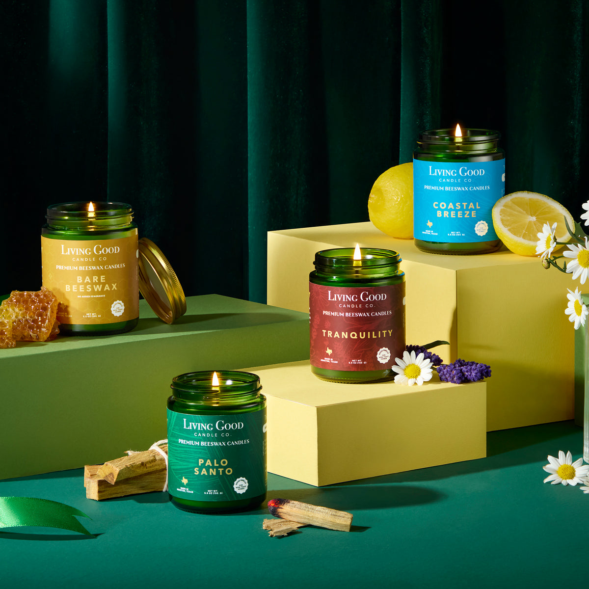 Living Good Candle Co. Beeswax Candle Starter Bundle with Bare Beeswax, Palo Santo, Tranquility, and Coastal Breeze candles.