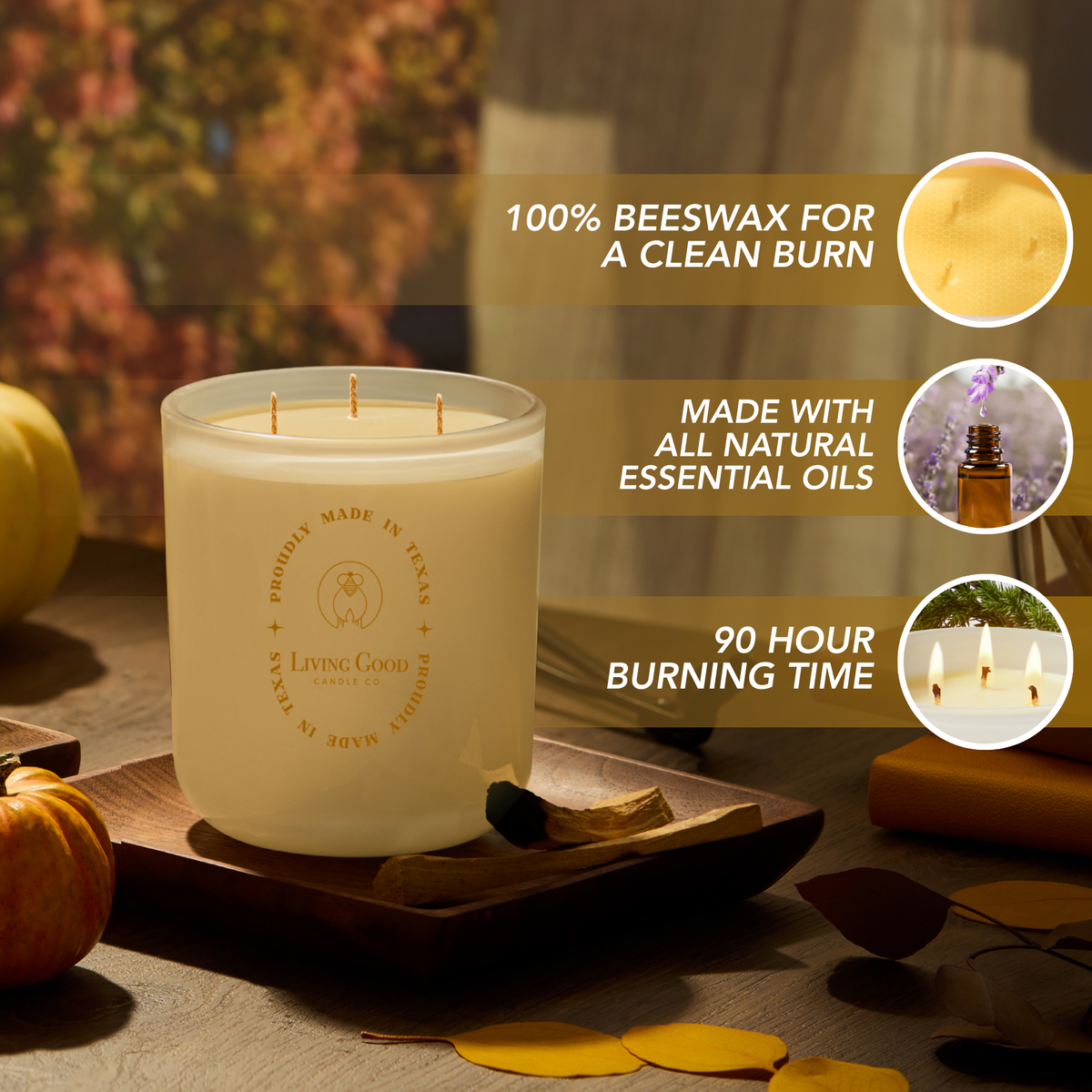 Cinnamon Delight beeswax candle surrounded by autumn decor, highlighting 100% beeswax and 90-hour burn time