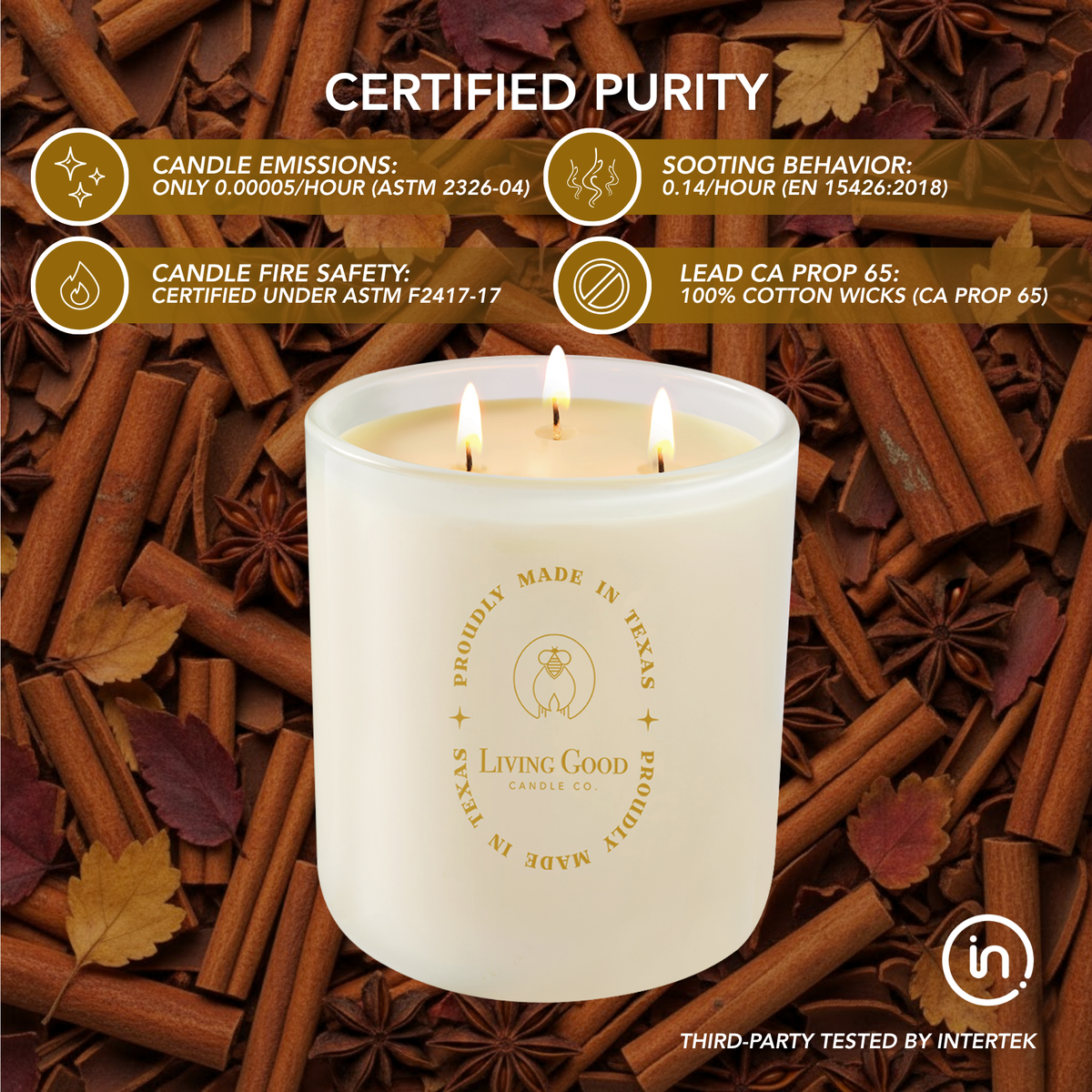 Cinnamon Delight beeswax candle with three lit wicks and certified purity information over cinnamon and autumn leaves