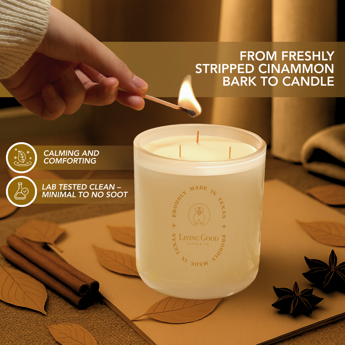 Cinnamon Delight beeswax candle being lit beside cinnamon sticks, with cinnamon bark and cloves visible