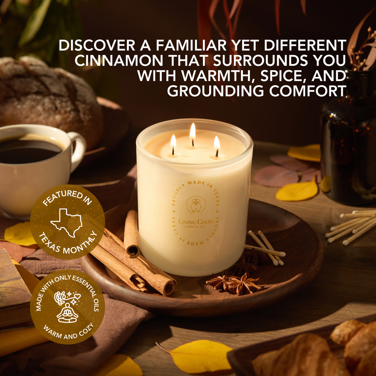 Cinnamon Delight beeswax candle surrounded by cinnamon sticks, star anise, coffee, and warm autumn decor