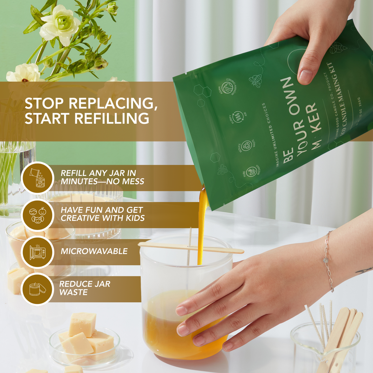 Candle refill kit being poured into a glass jar, showing the process of replacing and refilling a candle