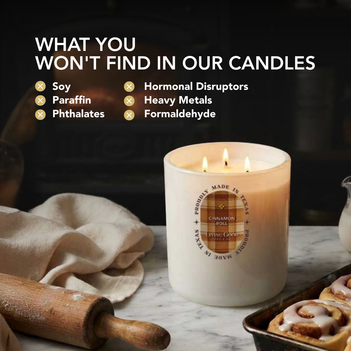 Living Good Cinnamon Roll beeswax candle ingredient transparency graphic listing what is not included in the candle.