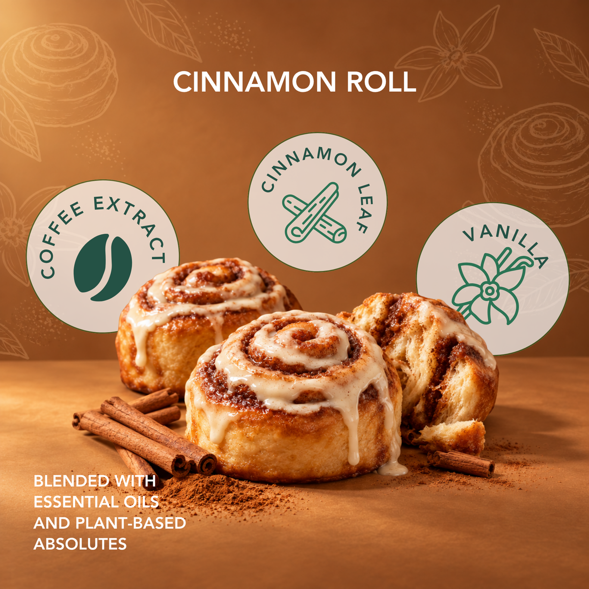 Living Good Candle Co.'s Cinnamon Roll candle scent profile featuring coffee extract, cinnamon leaf and vanilla with plant-based oils.
