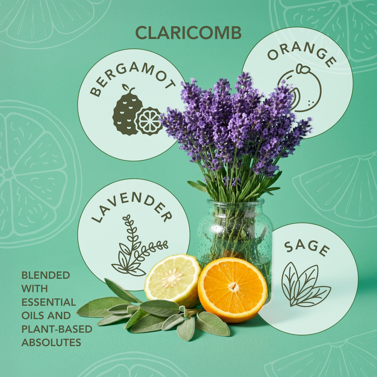 Claricomb candle scent profile featuring bergamot, orange, lavender, and sage with fresh citrus and flowers