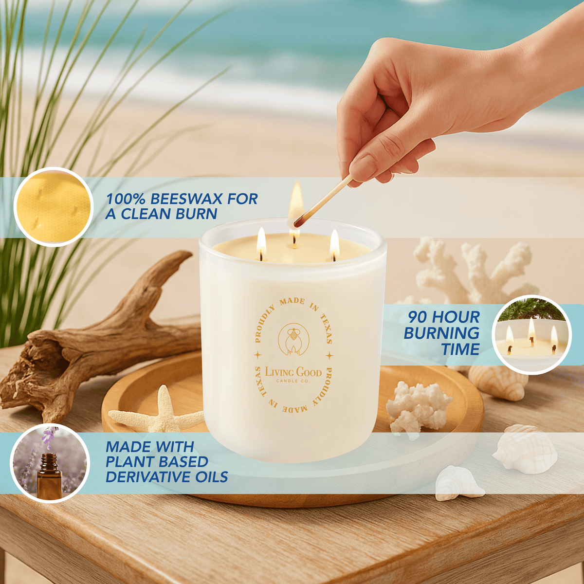 Coastal Breeze beeswax candle highlighting 100% beeswax, plant-based derivative oils, and 90-hour burn time