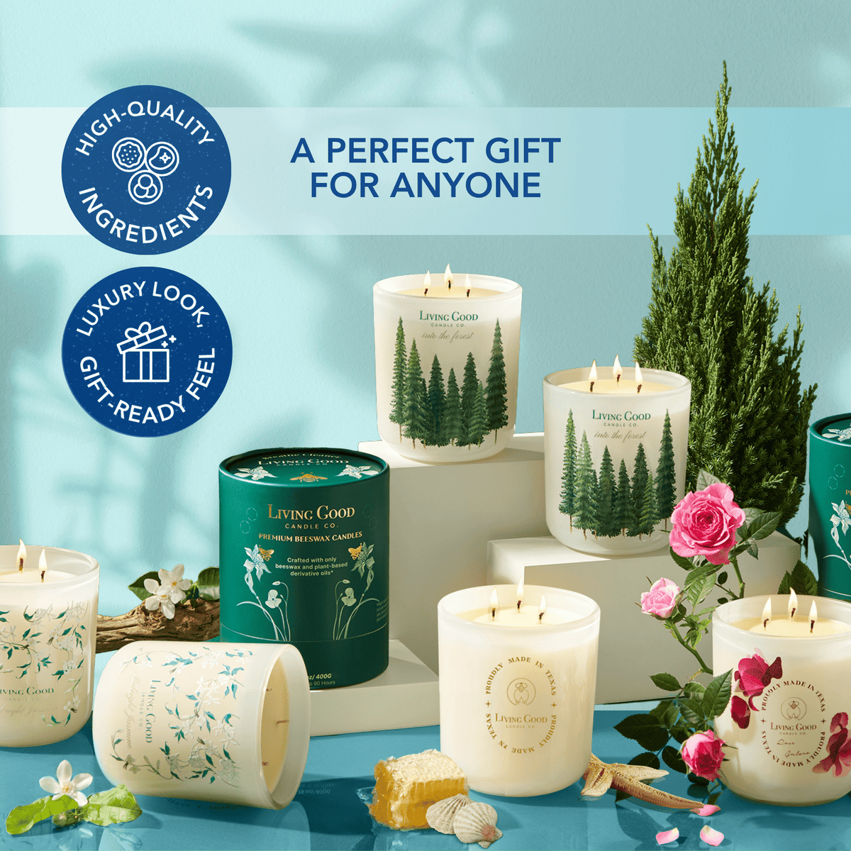 Coastal Breeze beeswax candle displayed with other candles, flowers, and gift-ready decor