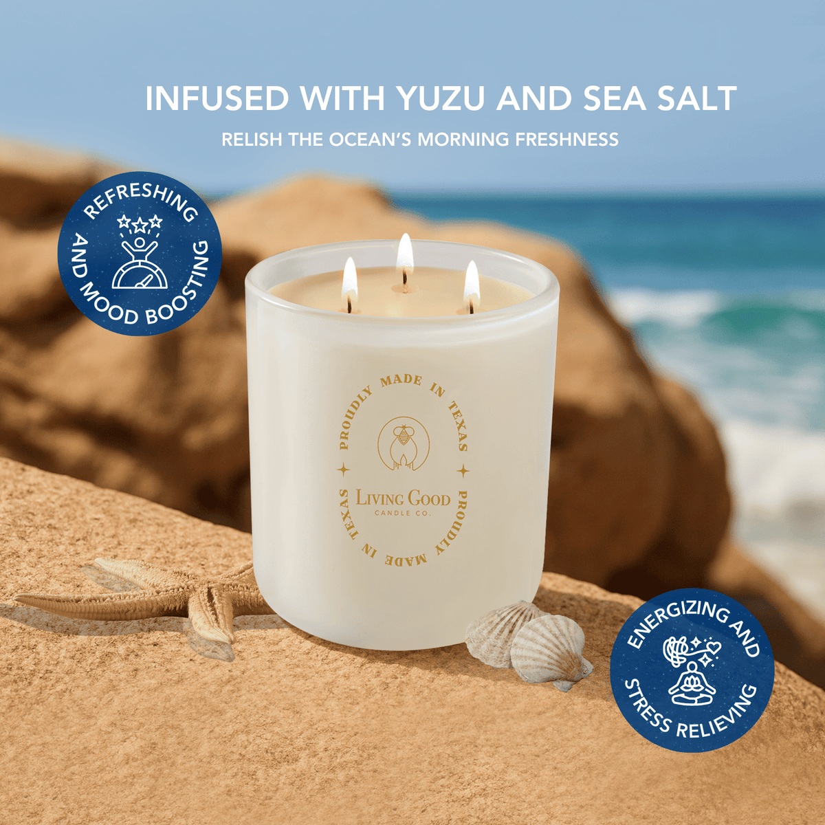 Coastal Breeze beeswax candle on a sandy beach with yuzu and sea salt fragrance highlighted