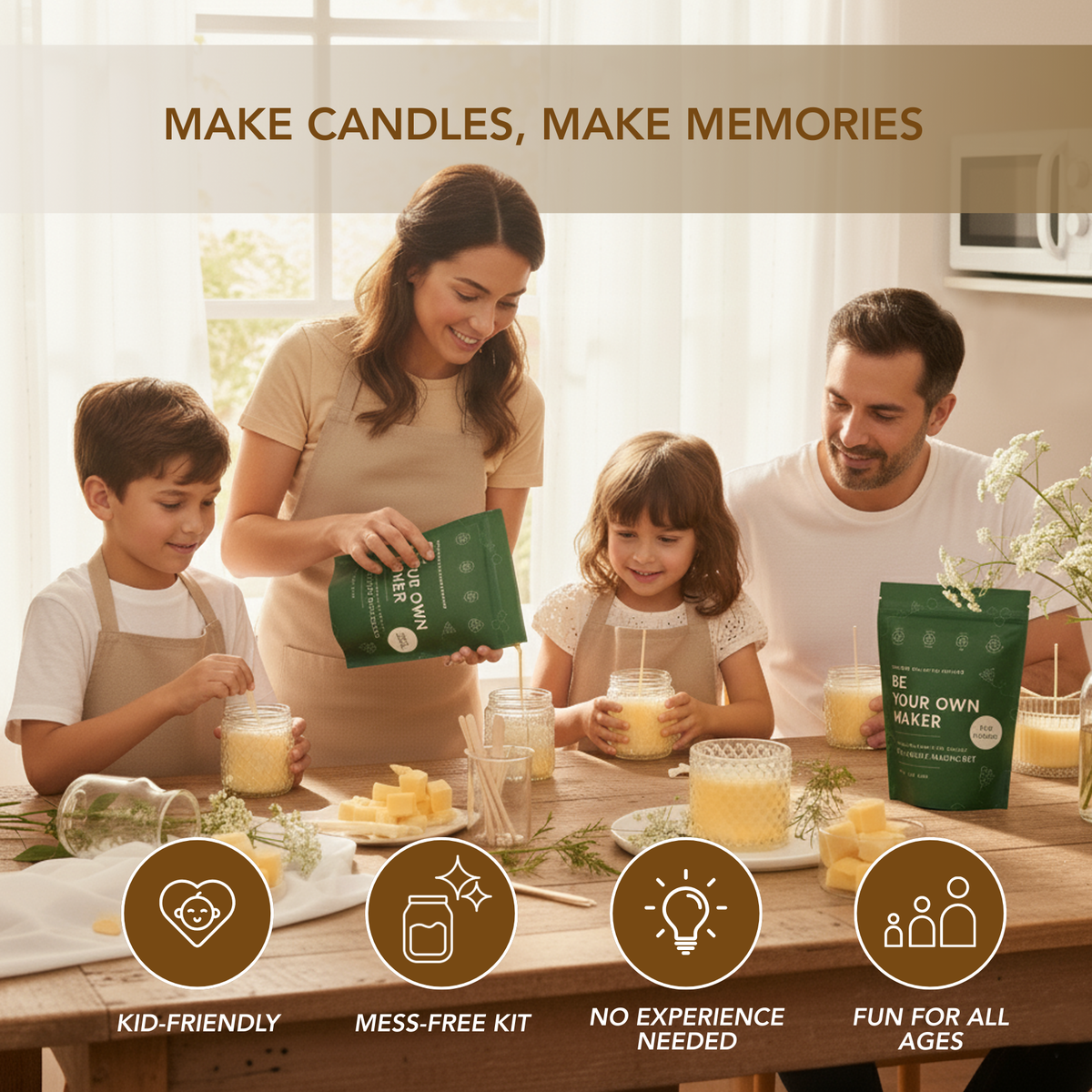 Family making candles together with the Tranquility DIY candle making kit around a kitchen table