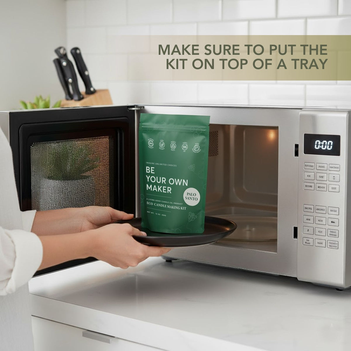 DIY candle making kit shown on a tray inside a microwave, demonstrating how to safely heat the candle-making kit