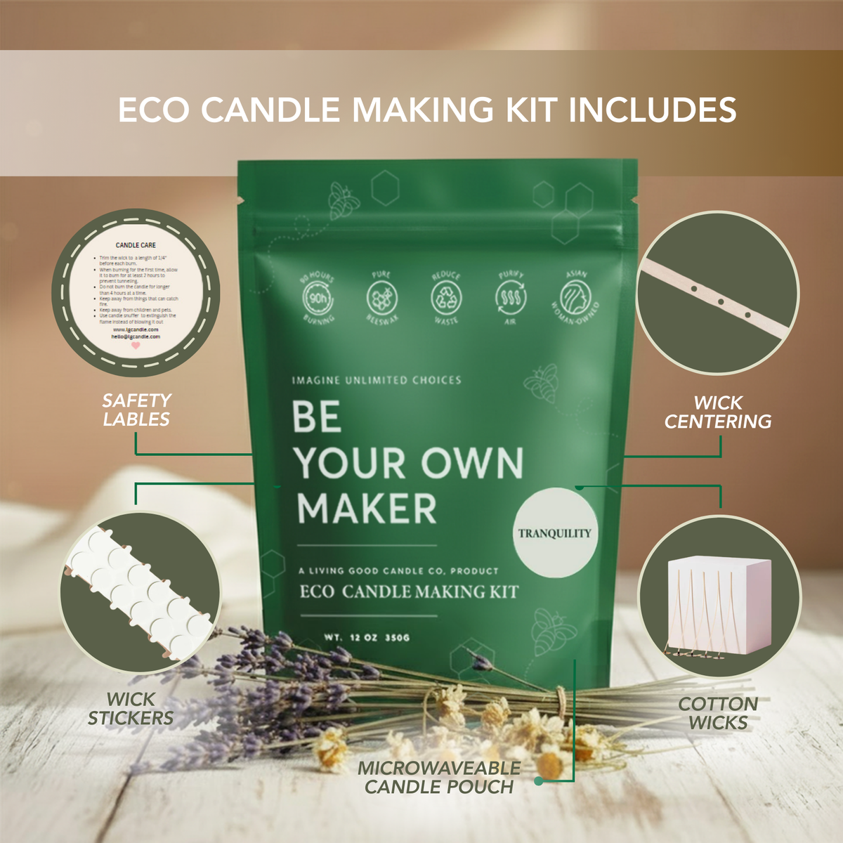 Eco candle making kit with cotton wicks, wick stickers, safety labels, and wick centering tools
