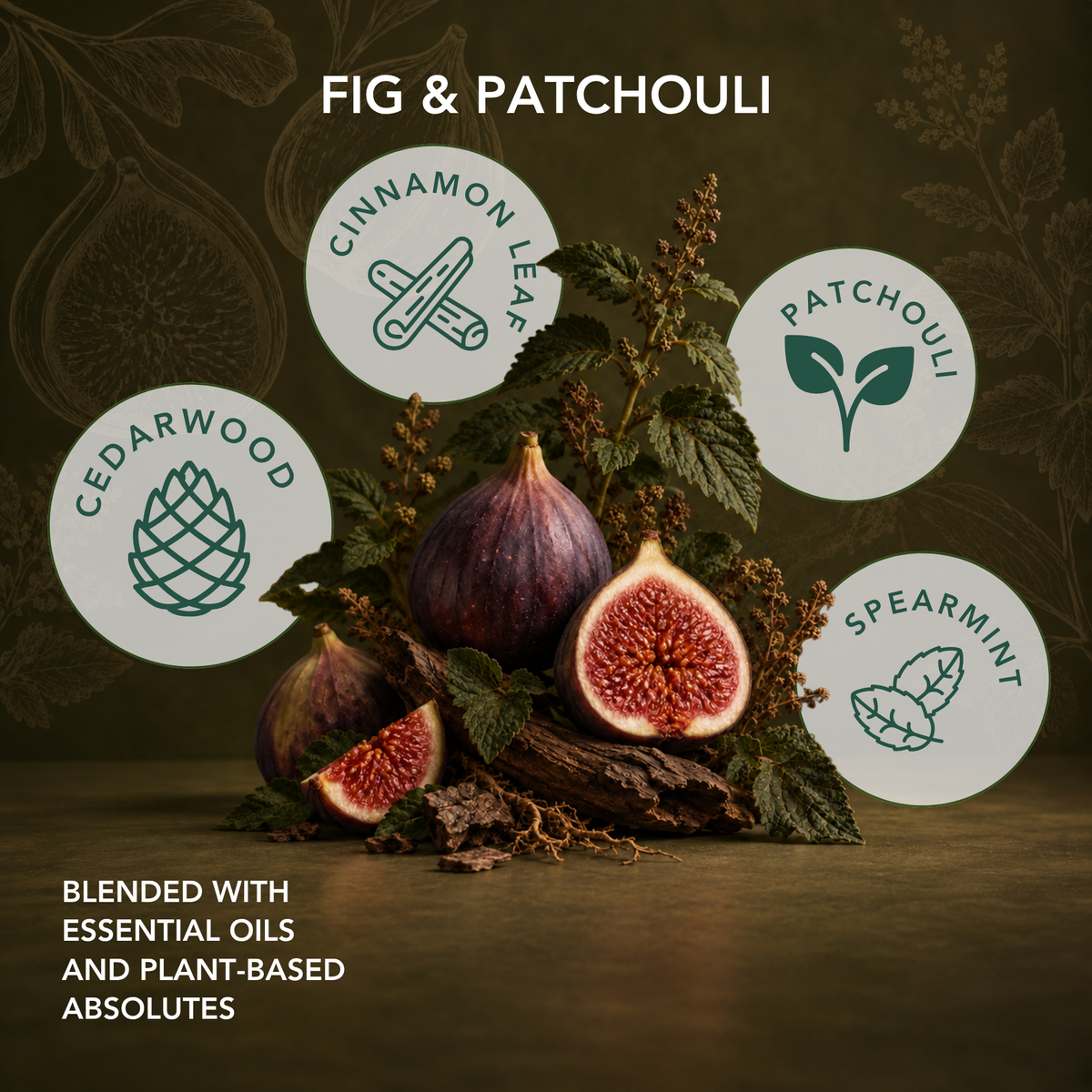 Living Good Candle Co.'s Fig & Patchouli scent notes of cedarwood, cinnamon leaf, patchouli and spearmint arranged with fresh figs
