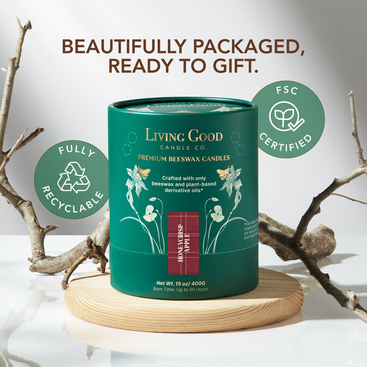 Living Good Candle Co.'s Honeycrisp Apple 15 oz beeswax candle gift packaging in a recyclable FSC-certified Living Good Candle Co. box.