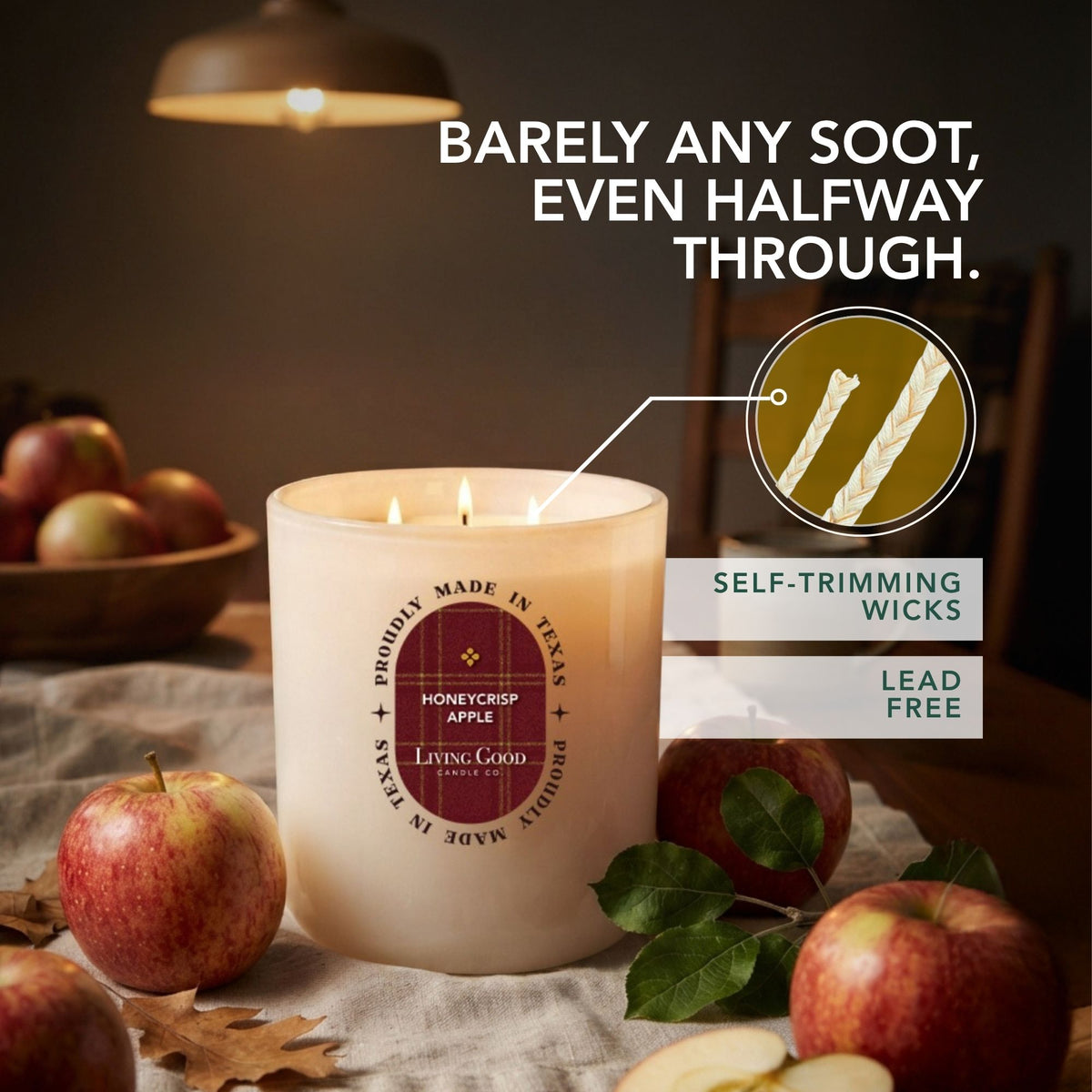 Living Good Candle Co.'s Honeycrisp Apple beeswax candle with three self-trimming, lead-free wicks and barely any soot halfway through the burn.