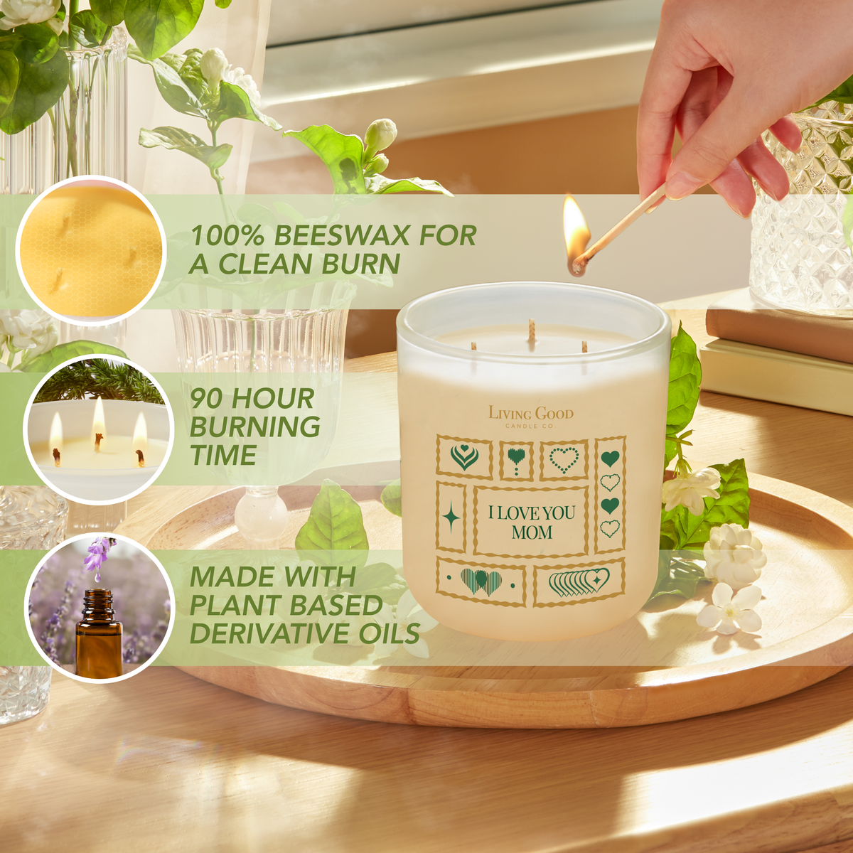 I Love You Mom beeswax candle with up to 90 hours of burn time and plant-based derivative oils.