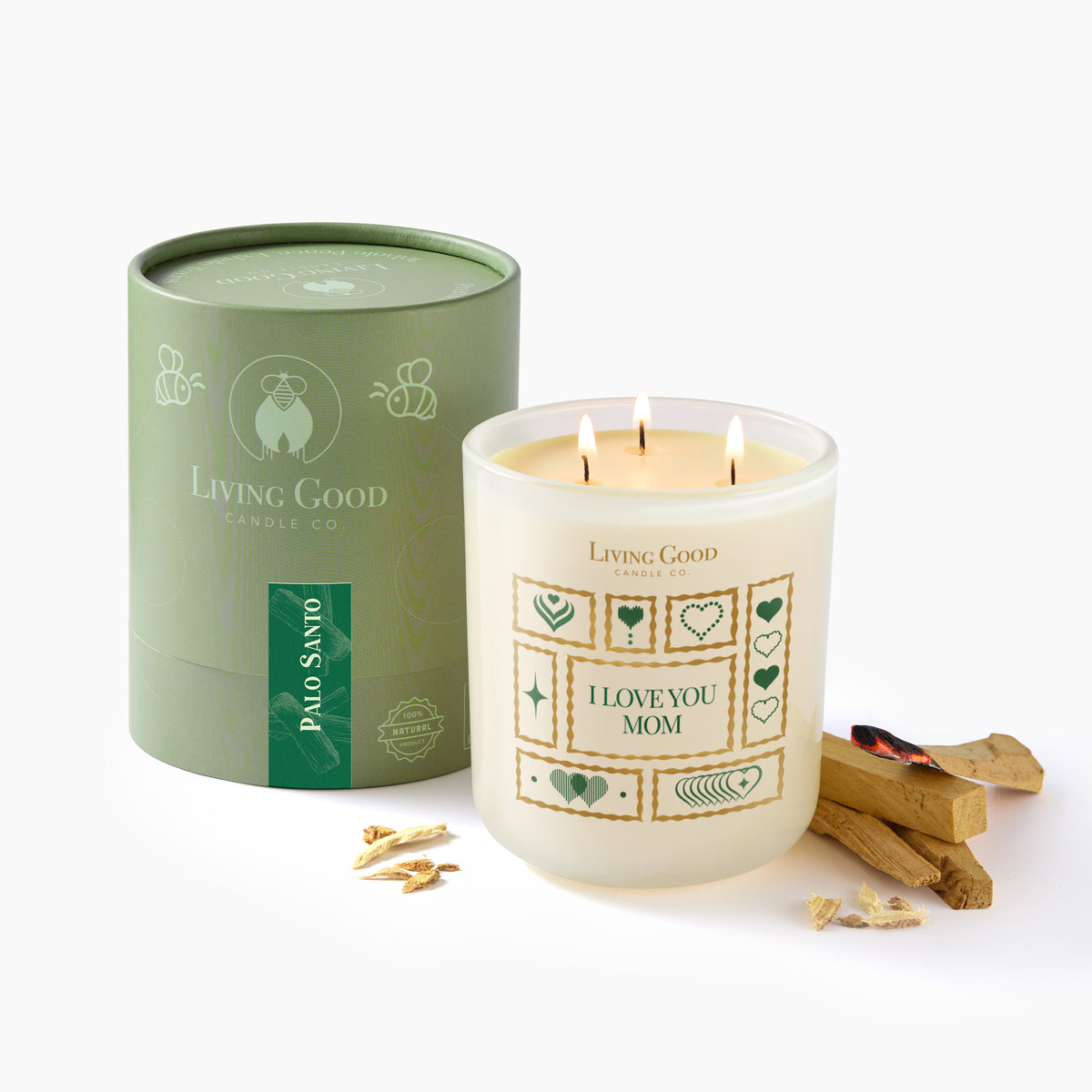 I Love You Mom custom label beeswax candle with Palo Santo gift box, a thoughtful Mother’s Day candle gift.
