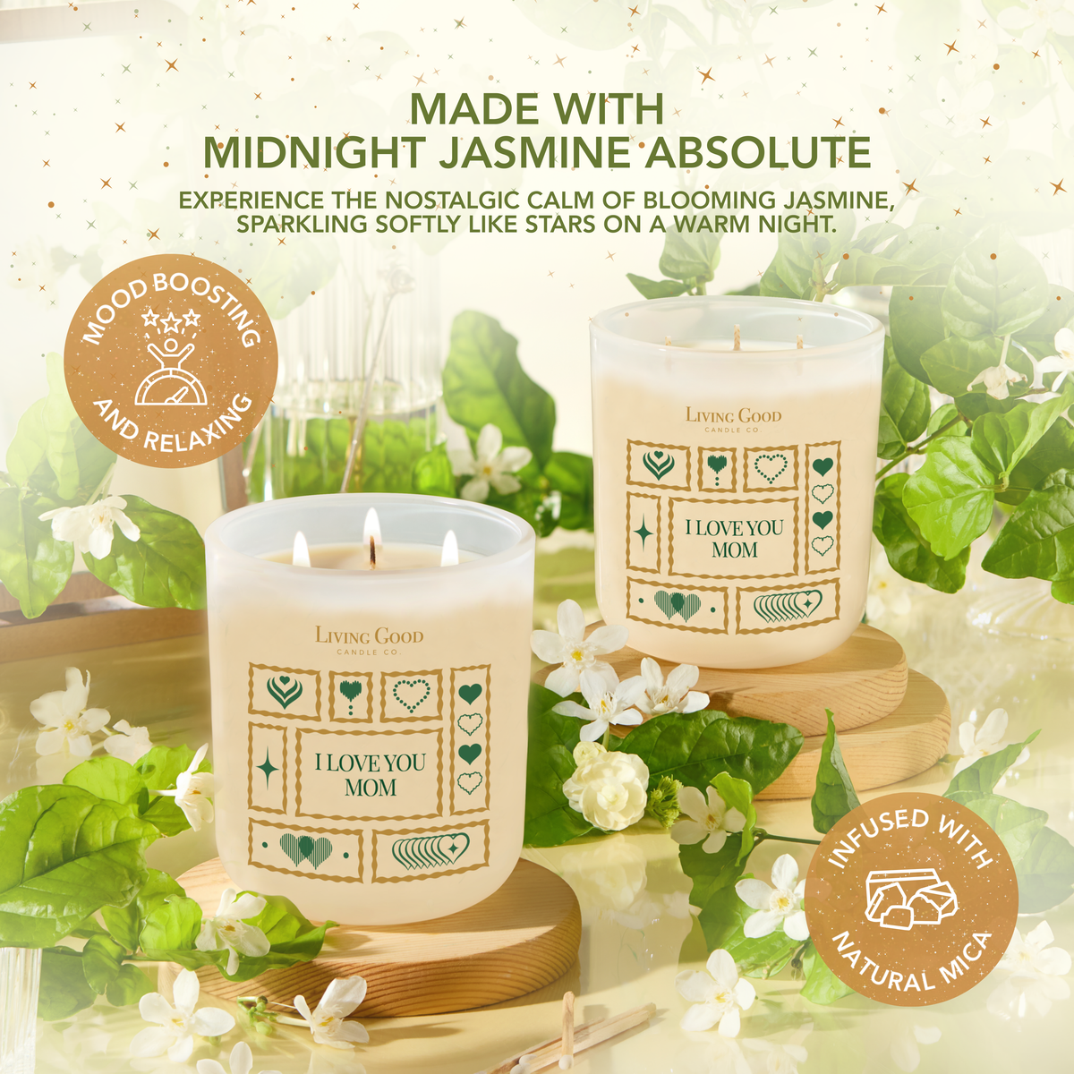 I Love You Mom custom beeswax candles surrounded by jasmine flowers, featuring Midnight Jasmine absolute and natural musk.