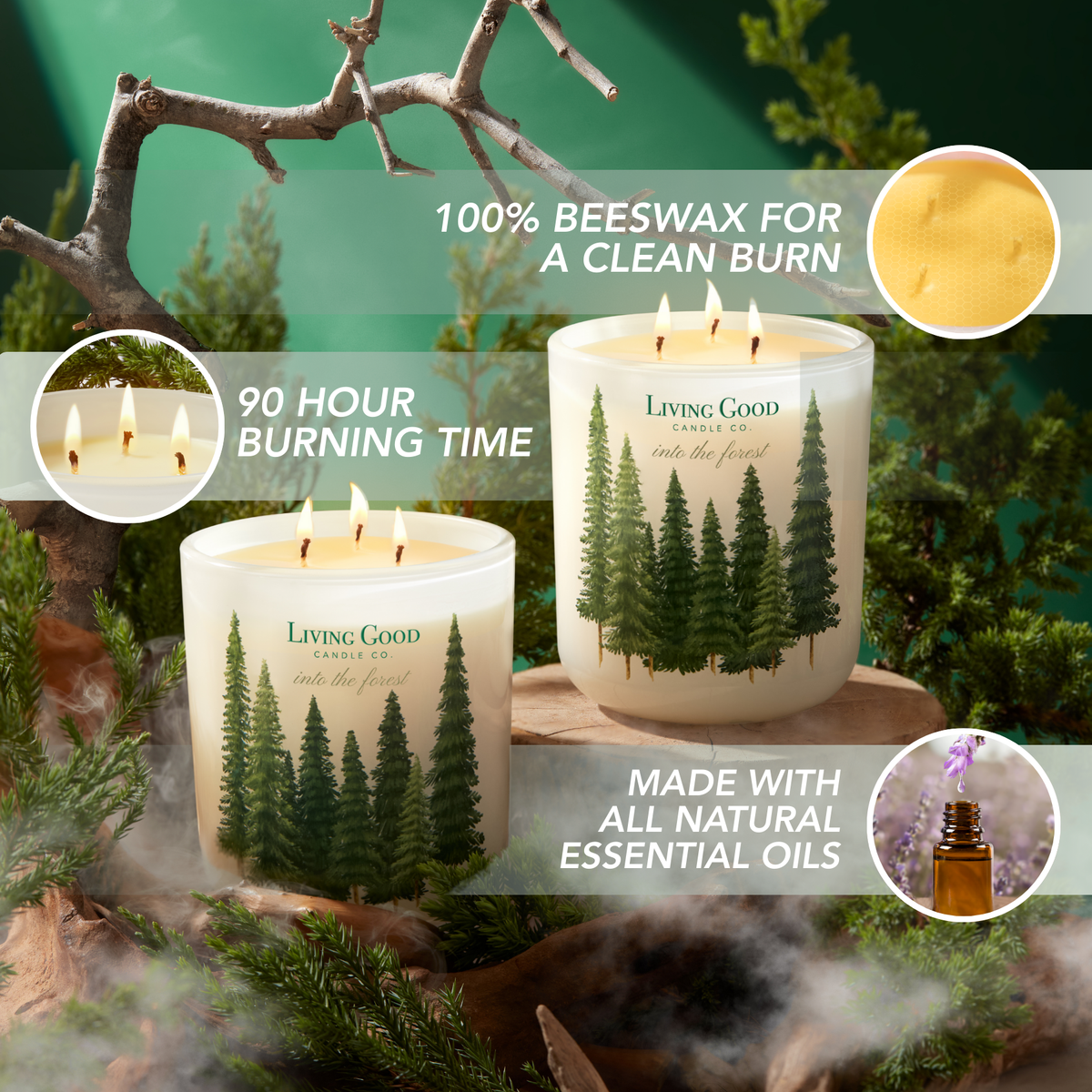 Into the Forest 3-wick beeswax candle highlighting a 90-hour burn time, beeswax formulation, and essential oils.