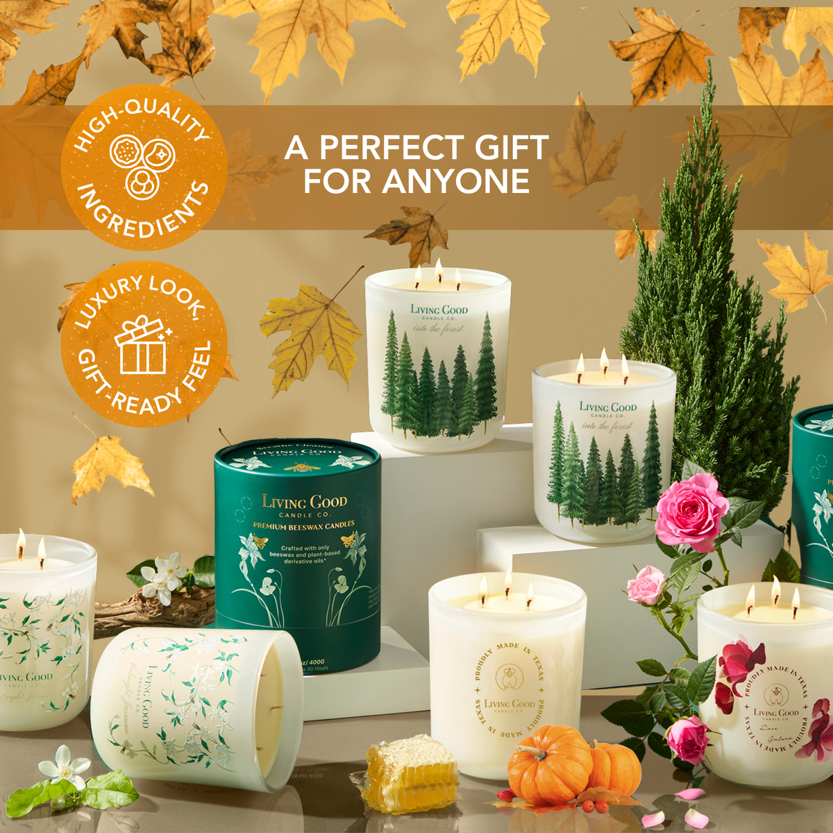 Living Good Candle Co. beeswax candle collection displayed as a luxury gift-ready candle assortment for fall and special occasions.