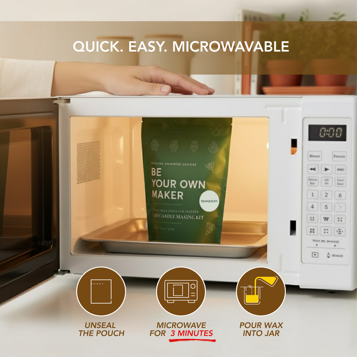 Tranquility beeswax candle refill kit pouch shown in a microwave with three-minute heating instructions