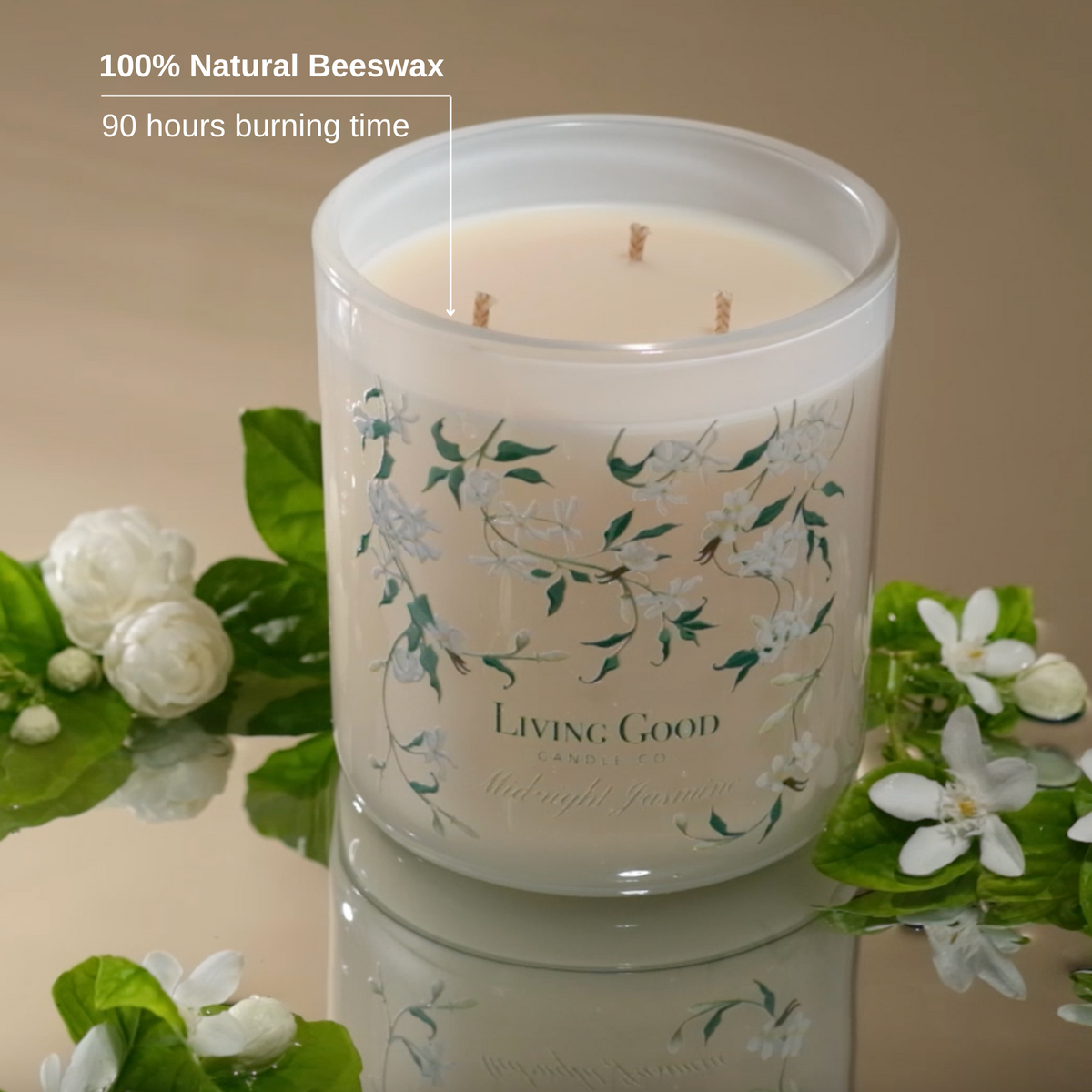 Midnight Jasmine beeswax candle close-up showing 100 percent natural beeswax and a 90 hours burning time.