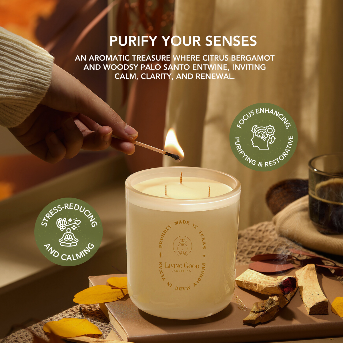 Palo Santo beeswax candle being lit in a warm setting, featuring a woodsy bergamot and palo santo scent profile.