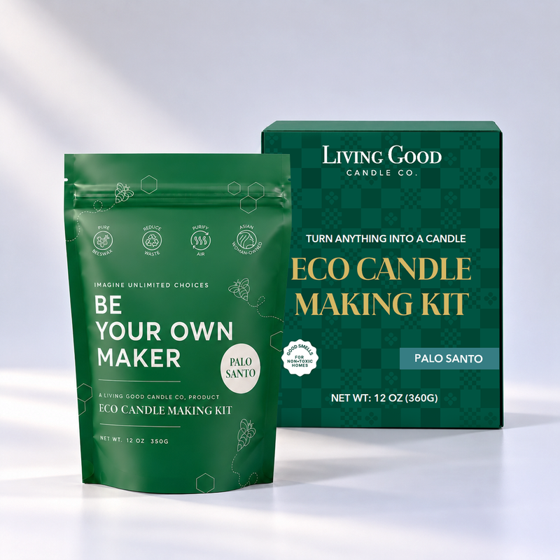 Palo Santo Eco Candle Making Kit with 12 oz beeswax refill pouch and Living Good Candle Co. gift box.