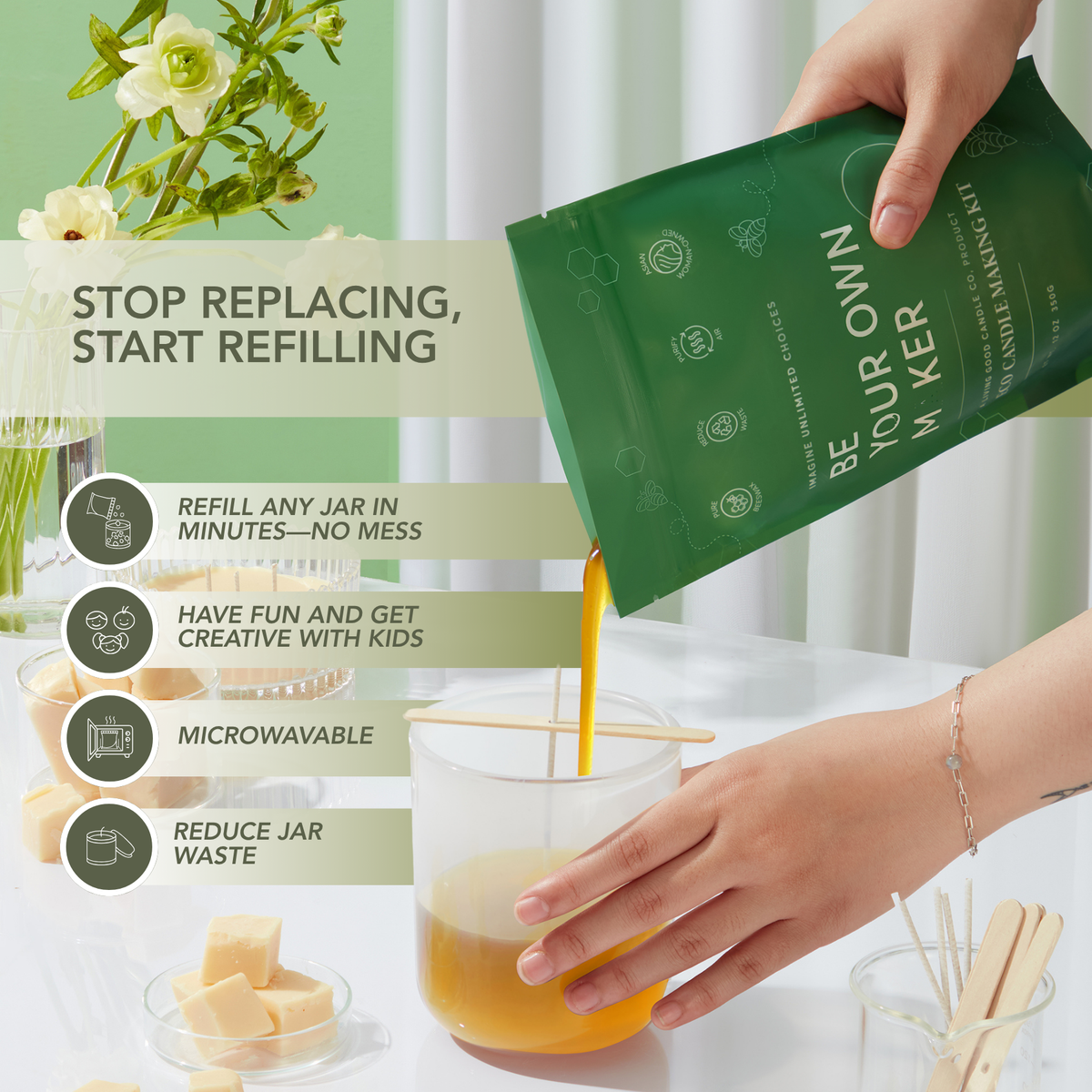 Living Good Candle Co. Palo Santo beeswax candle refill kit being poured into a reusable jar to reduce candle container waste.