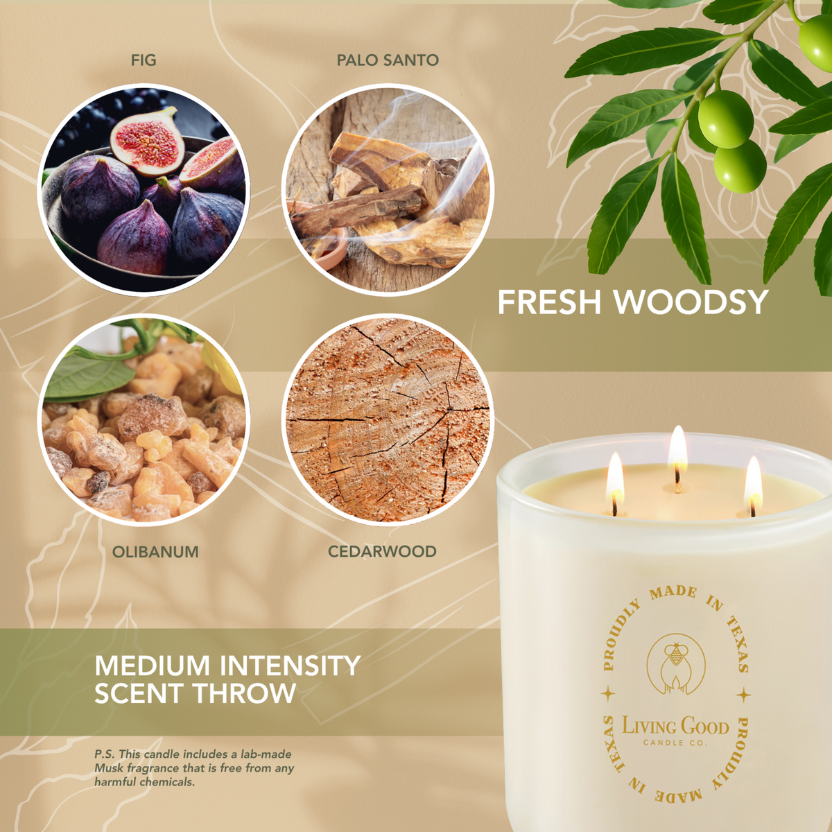 Palo Santo beeswax candle with scent notes of fig, palo santo, olibanum, and cedarwood for a fresh woodsy fragrance.