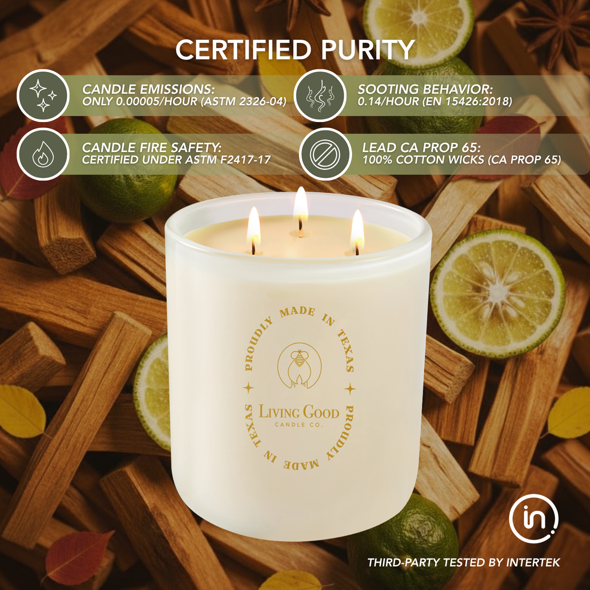 Palo Santo beeswax candle surrounded by wood and citrus, highlighting third-party testing, low soot emissions, and cotton wicks.