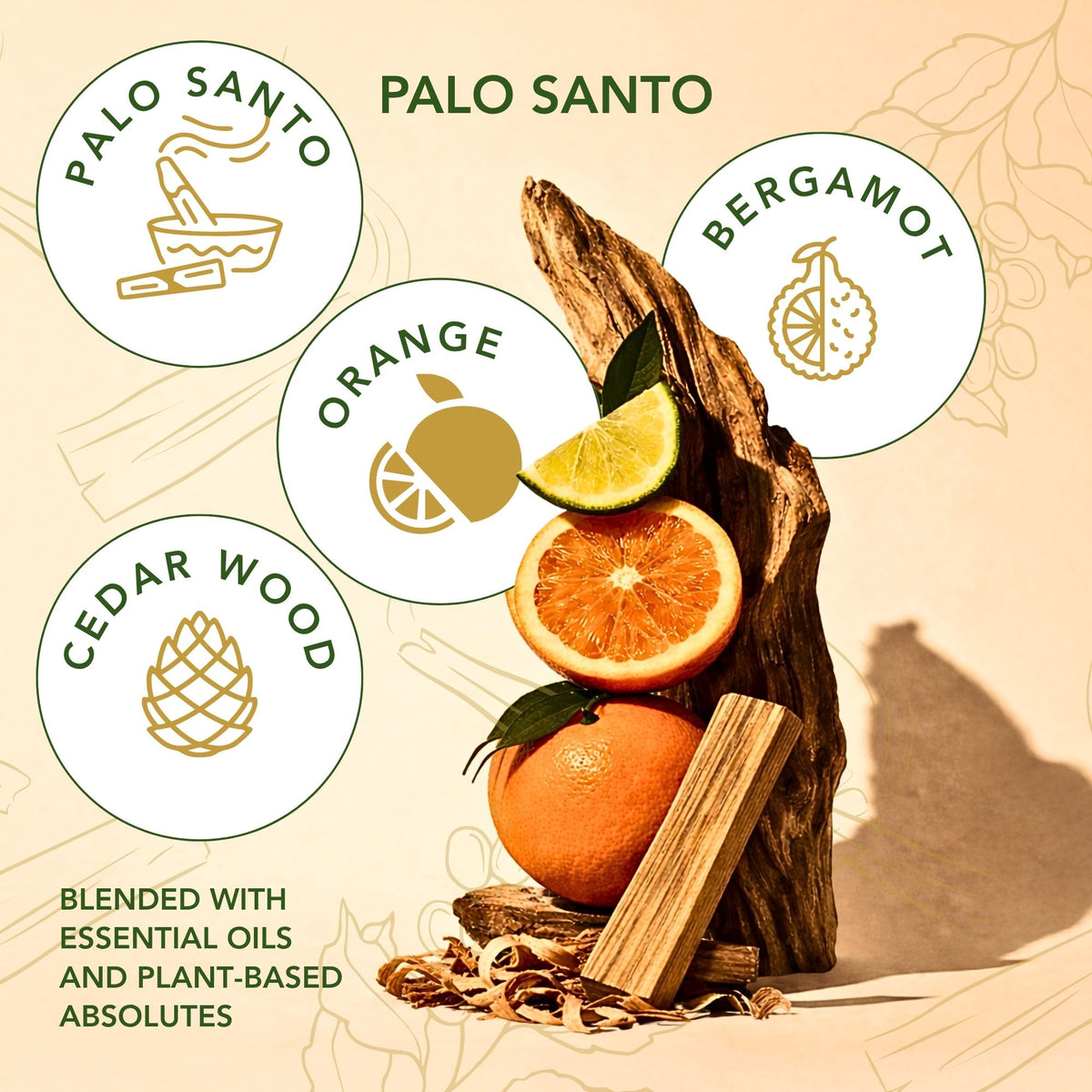 Palo Santo candle scent notes featuring Palo Santo wood, bergamot, orange, and cedarwood with plant-based oils.