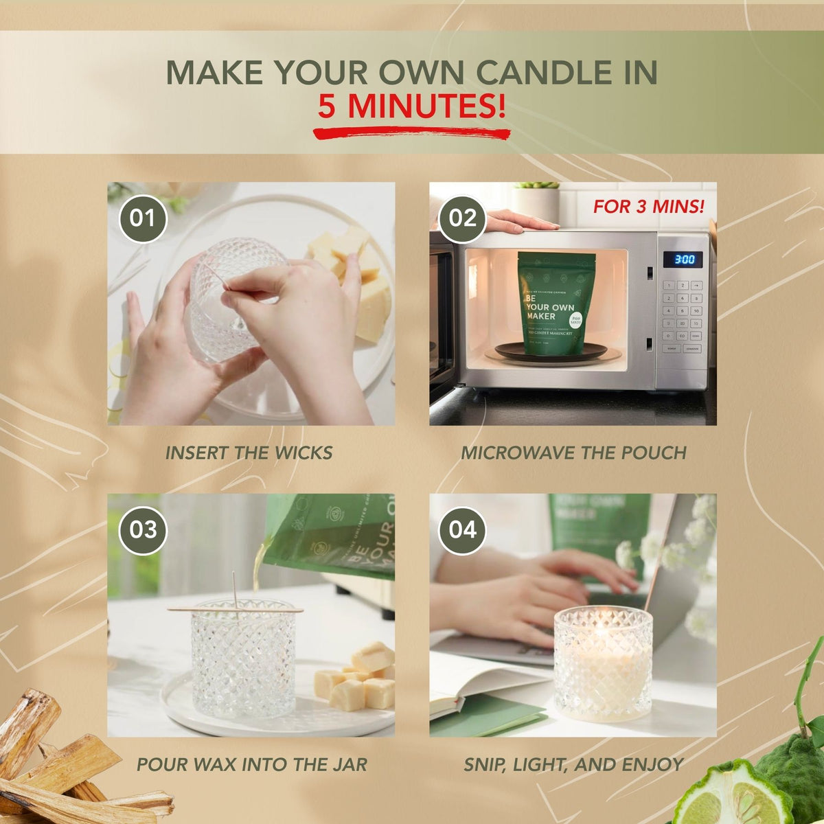 Four-step Palo Santo DIY candle making guide showing wick placement, microwaving the pouch, pouring wax, and lighting the candle.