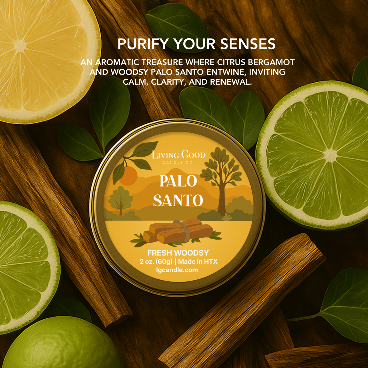 Palo Santo mini beeswax candle with citrus and wood elements highlighting its fresh woody scent profile.
