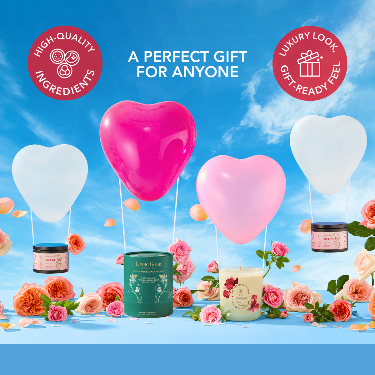 Rose Gulora beeswax candle shown among flowers and heart-shaped balloons as a gift idea