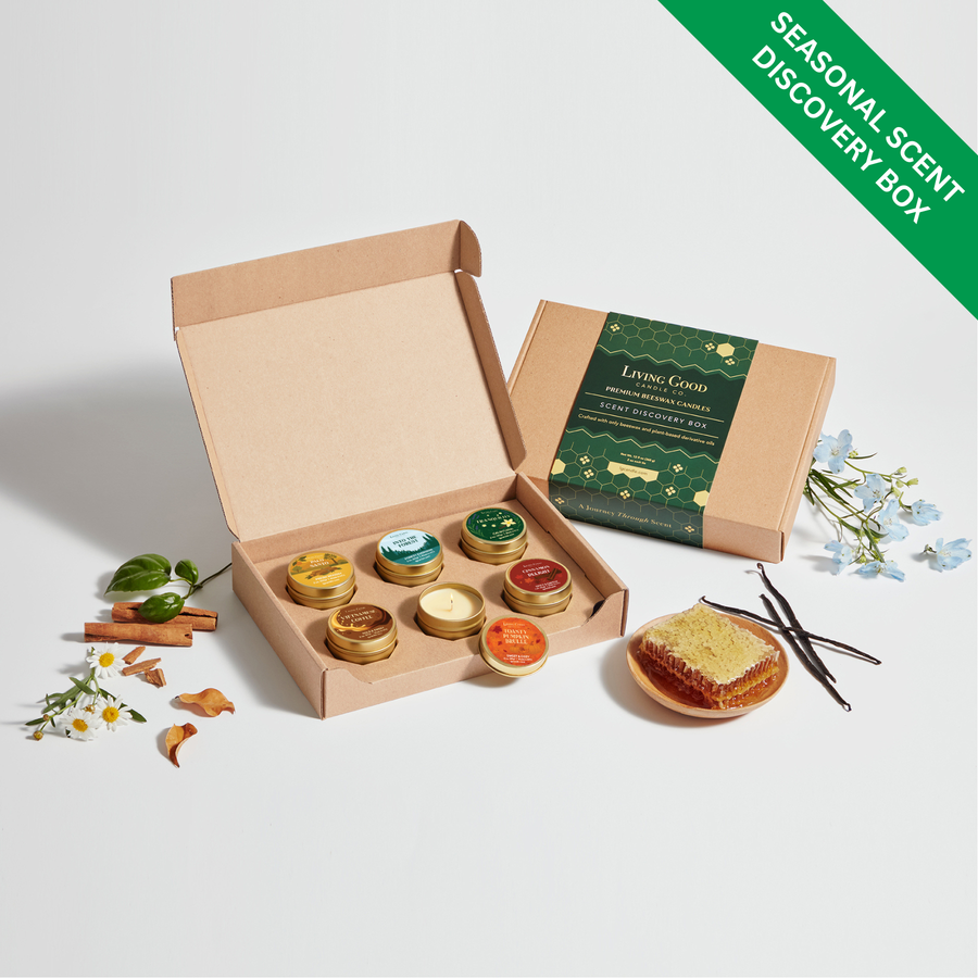 Living Good Candle Co. Seasonal Scent Discovery Box with six mini beeswax candles in gold tins and assorted scent ingredients.