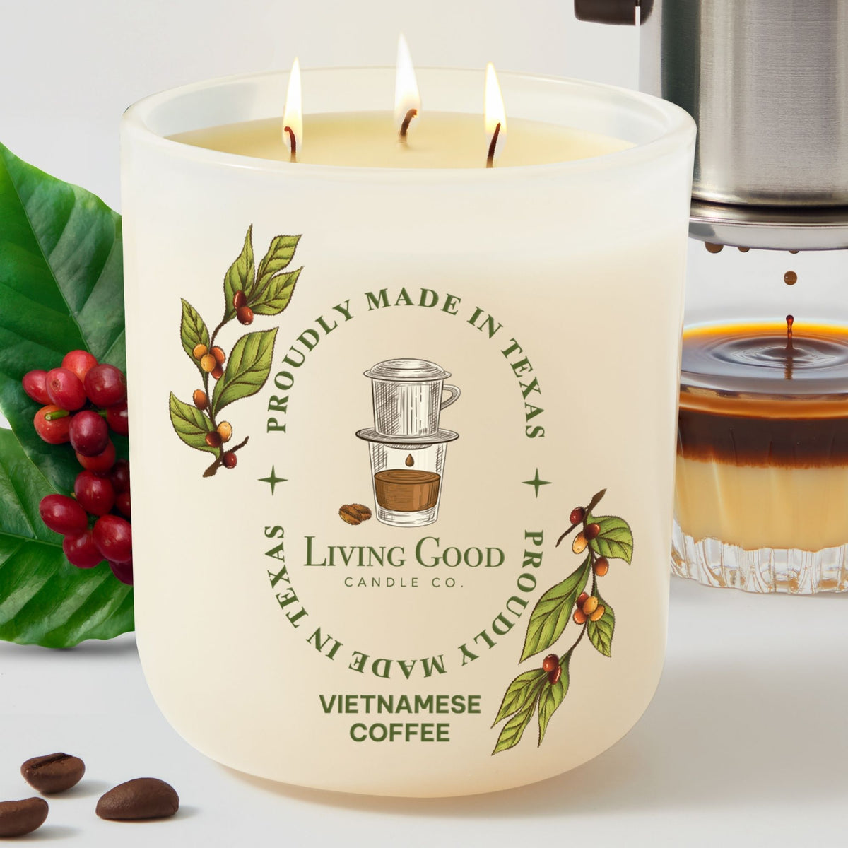 Living Good Candle Co. Slow Drip Coffee 15 oz beeswax candle with coffee cherries and Vietnamese drip coffee.