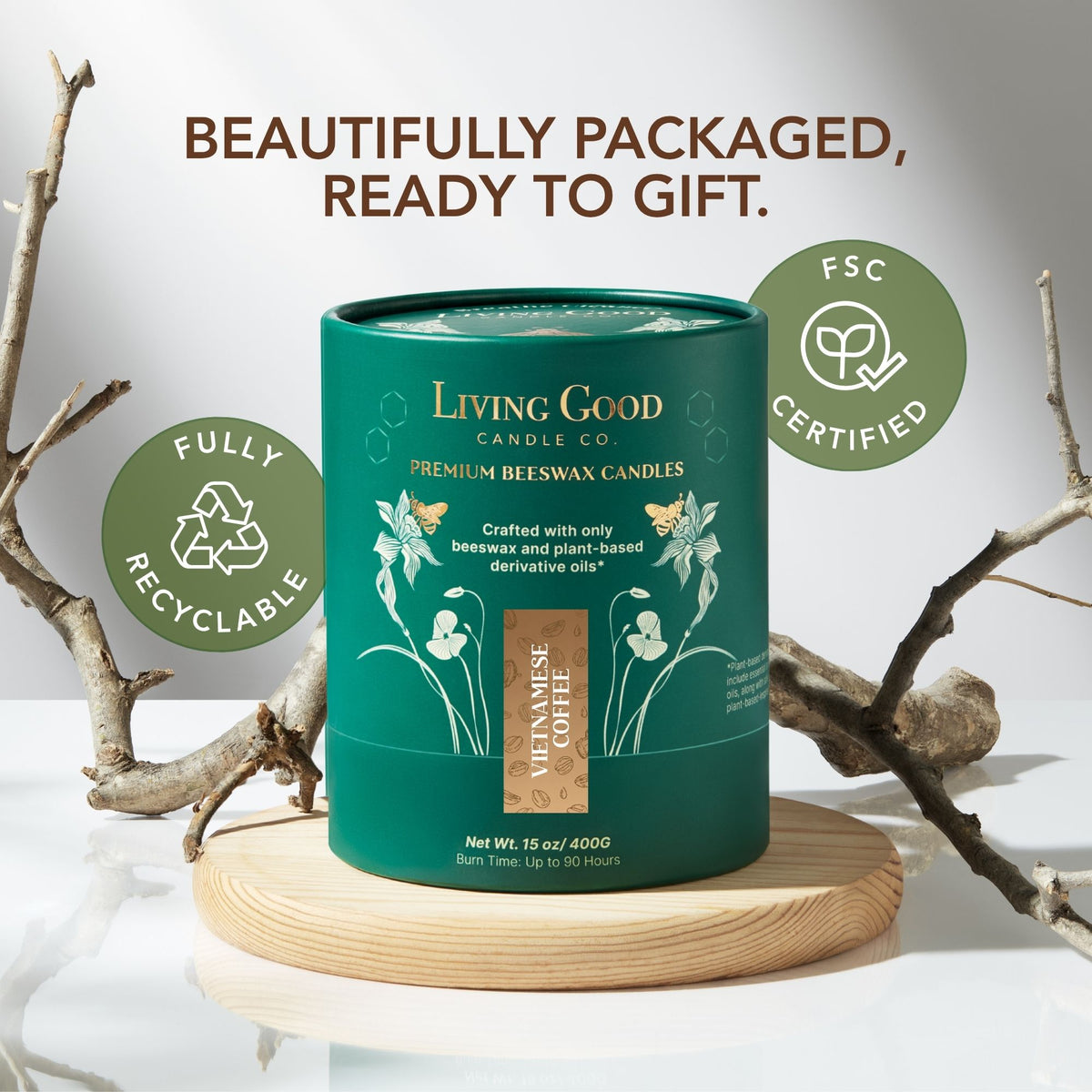 Slow Drip Coffee beeswax candle packaging that is fully recyclable, FSC certified, and gift ready.