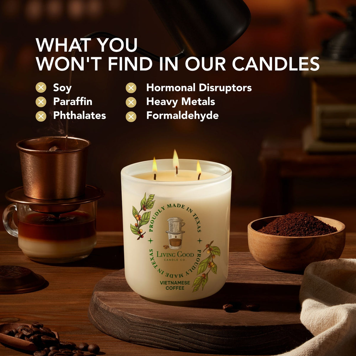 Slow Drip Coffee beeswax candle made without soy, paraffin, phthalates, hormonal disruptors, heavy metals, or formaldehyde.