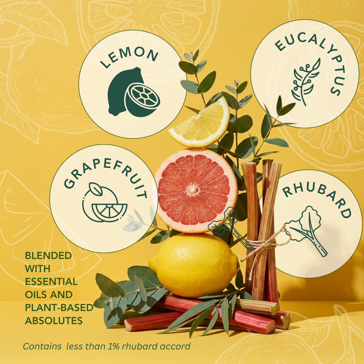 Sunlit Yuzu candle scent notes featuring lemon, grapefruit, eucalyptus, and rhubarb with essential oils and plant-based absolutes.
