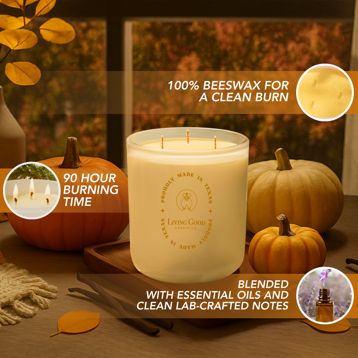 Toasty Pumpkin Brulee beeswax candle featuring a clean burn, up to 90 hours of burn time, essential oils, and plant-based scent notes.