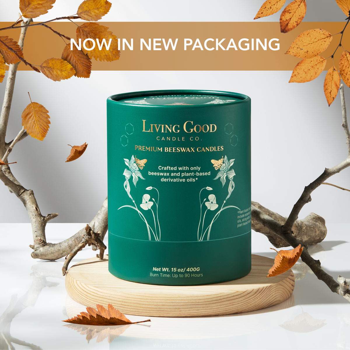 Living Good Candle Co. Toasty Pumpkin Brulee beeswax candle in new green premium candle packaging.